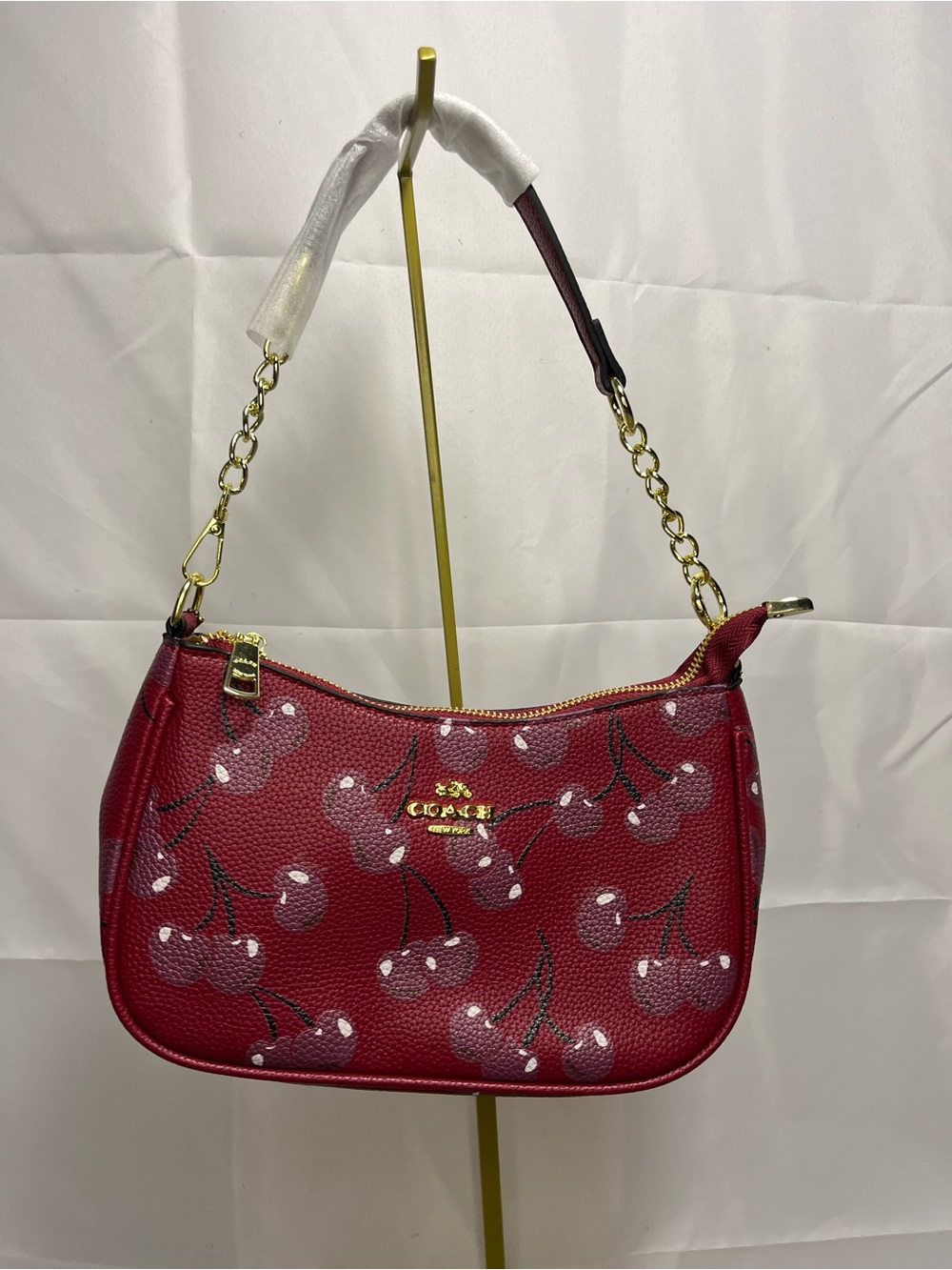 Coach Red Cherry-Print Pebbled Leather Shoulder Bag with Gold Hardware